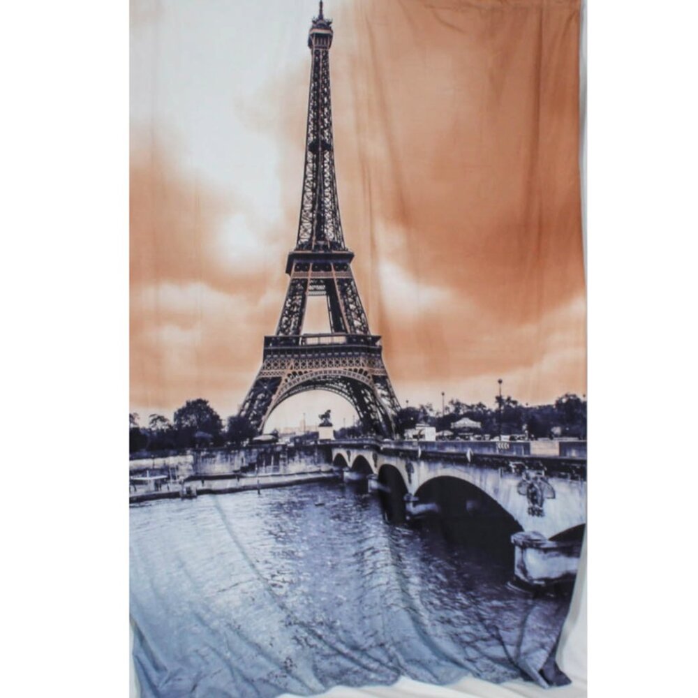 Eiffel Tower Fabric Shower Curtain Muted Cantaloupe Orange & Blue 100% Polyester